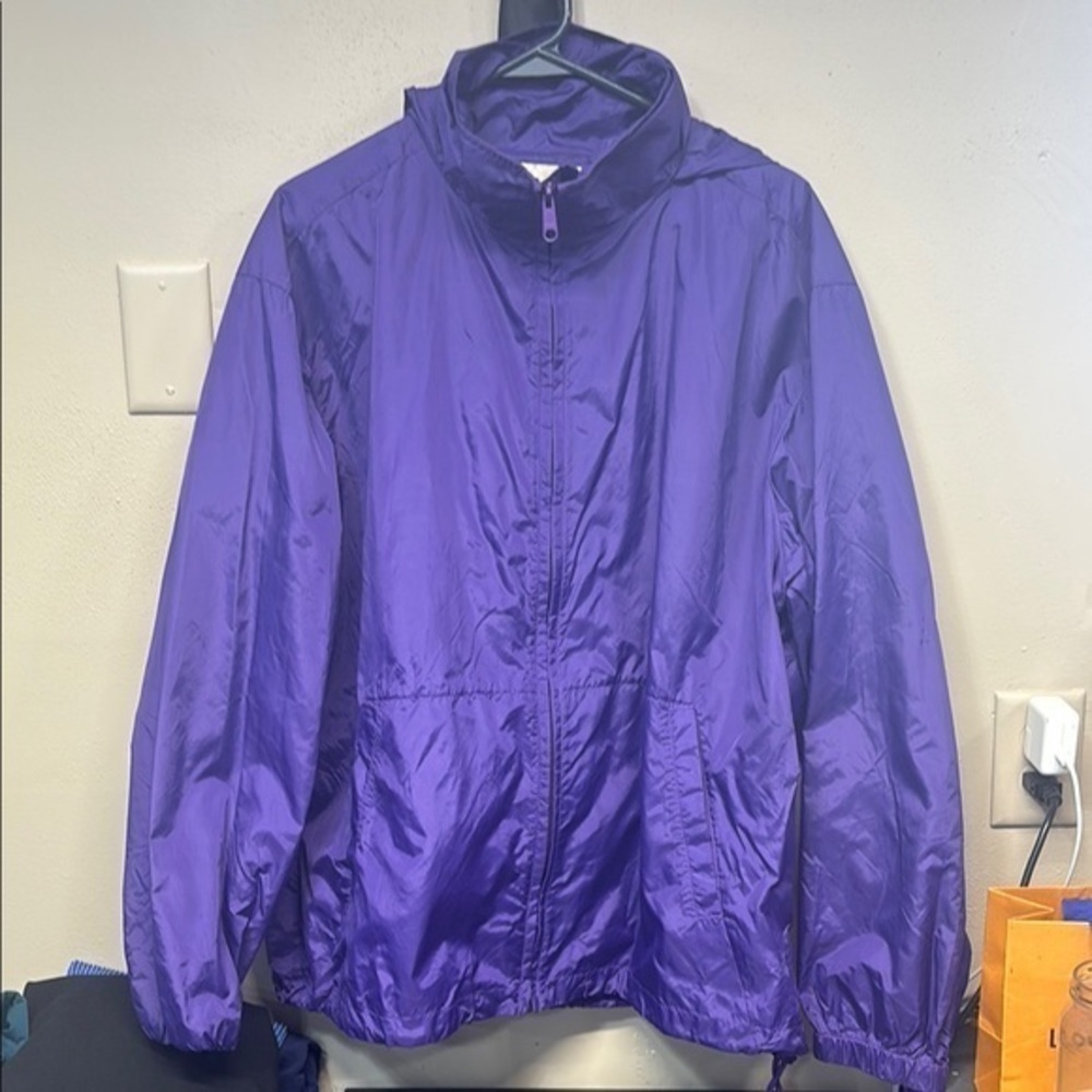 Eddie Bauer purple sac jac water weather proof windbreaker hood full zip jacket